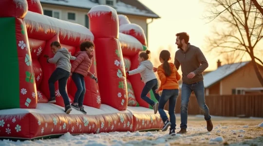Structure gonflable de Noël avec enfants et parents s'amusant, décorée de motifs festifs et lumières hivernales