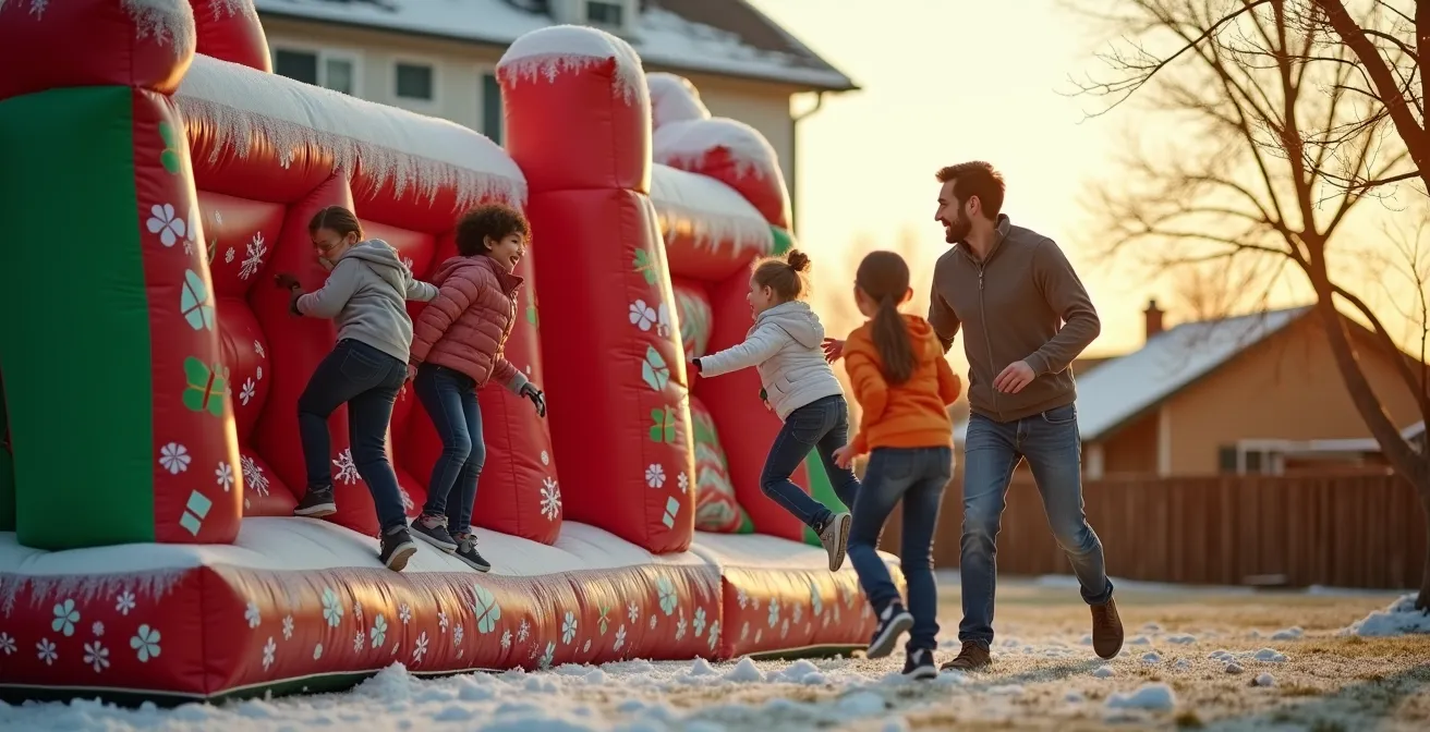 Structure gonflable de Noël avec enfants et parents s'amusant, décorée de motifs festifs et lumières hivernales