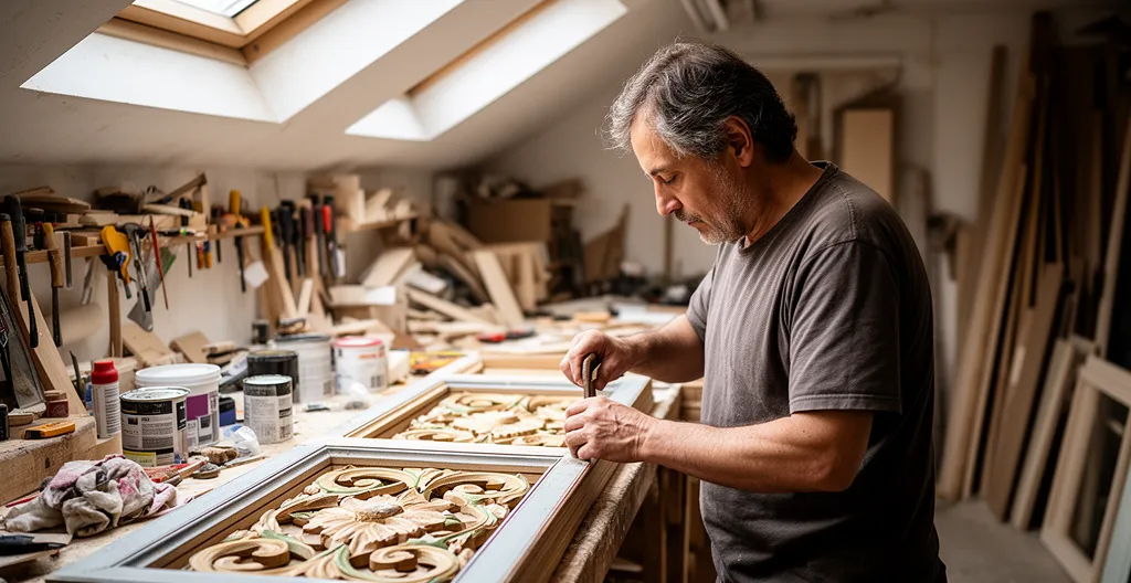 Artisan travaillant sur une structure de décor en bois peint