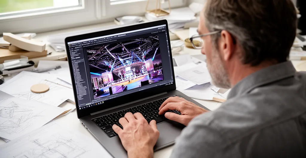 Designer consultant une maquette 3D de décor événementiel sur écran