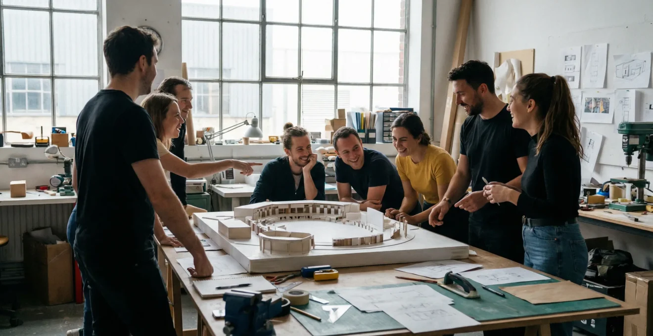 Équipe de designers et techniciens discutant autour d'une maquette de décor événementiel