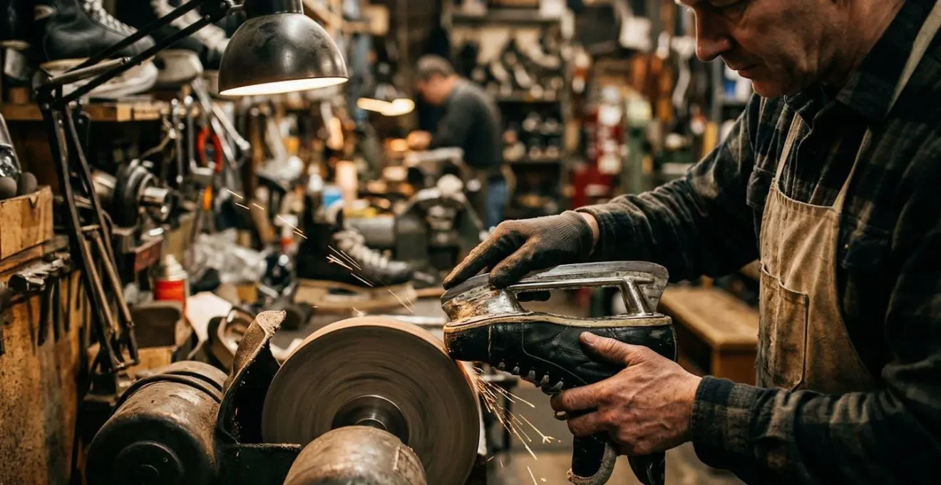 Mains d'un technicien utilisant une meule d'affûtage sur une lame de patin à glace dans un atelier lumineux