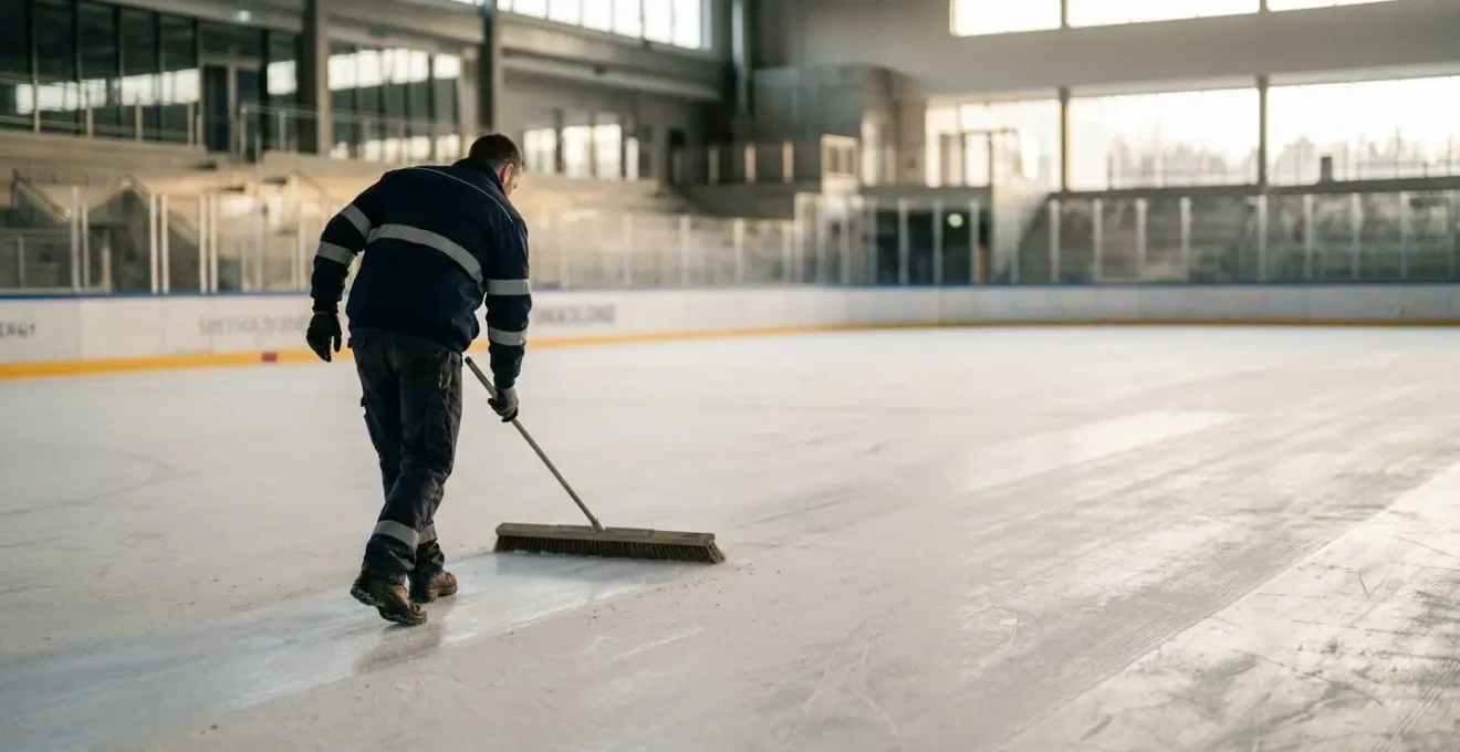 Personnel passant un balai large sur une surface synthétique vide sous une lumière matinale douce
