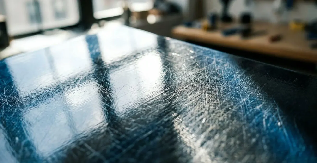 Gros plan sur la texture lisse et légèrement réfléchissante d'un panneau de sol technique en lumière latérale