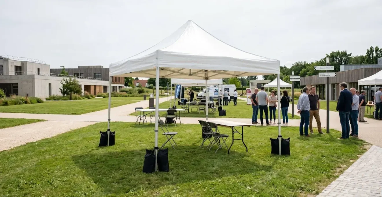 Barnum pliant blanc installé sur pelouse verte avec quatre poids de lestage noirs visibles à chaque pied, environnement de parc événementiel contemporain sous lumière naturelle du jour