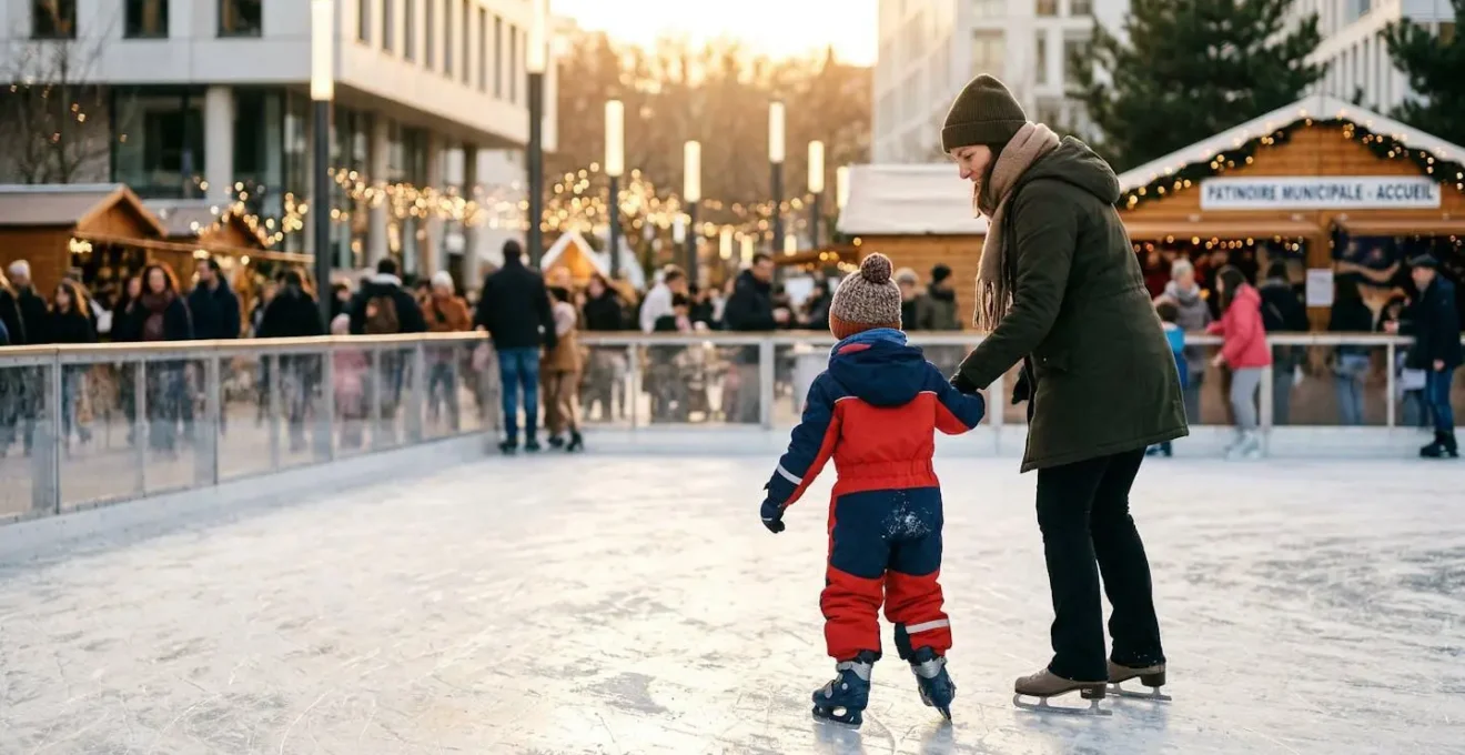 Un enfant vu de dos patine sur une surface synthétique lors d'un marché de Noël en extérieur, avec un parent à proximité et des guirlandes lumineuses en arrière-plan
