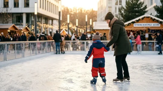Un enfant vu de dos patine sur une surface synthétique lors d'un marché de Noël en extérieur, avec un parent à proximité et des guirlandes lumineuses en arrière-plan