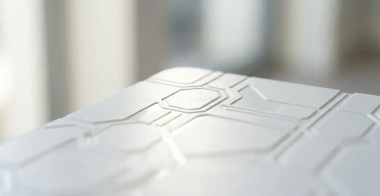 Vue en gros plan macro de la texture d'un panneau synthétique de patinoire, avec des reflets lumineux sur la surface lisse révélant les détails de la structure du polymère