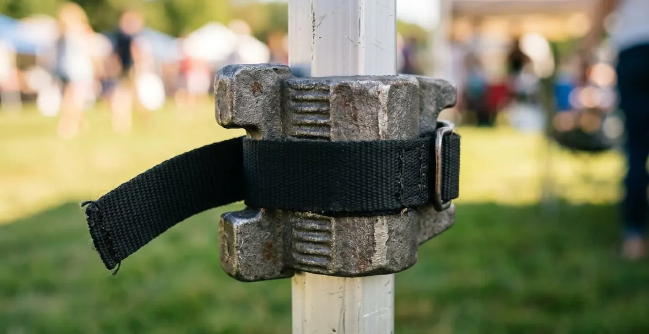 Gros plan sur un poids de lestage en métal gris fixé au pied métallique d'un barnum par une sangle noire de sécurité, texture métallique nette, arrière-plan flouté montrant une pelouse verte