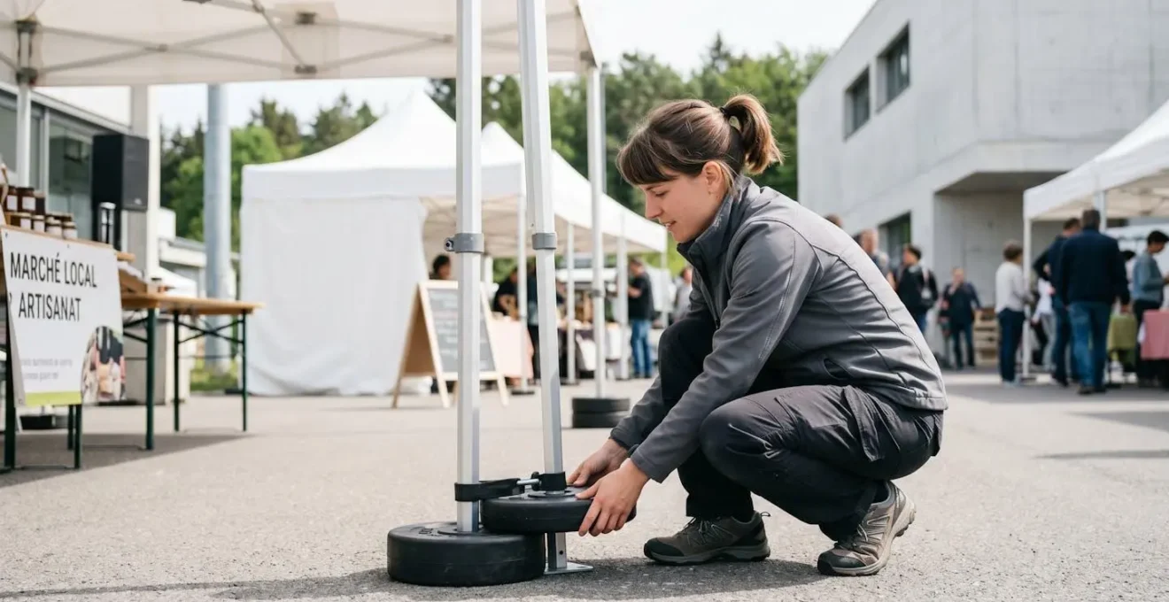 Personne vue de profil accroupie en train de vérifier et ajuster un poids de lestage noir fixé au pied métallique d'un barnum blanc, environnement événementiel extérieur contemporain, moment candide sous lumière naturelle
