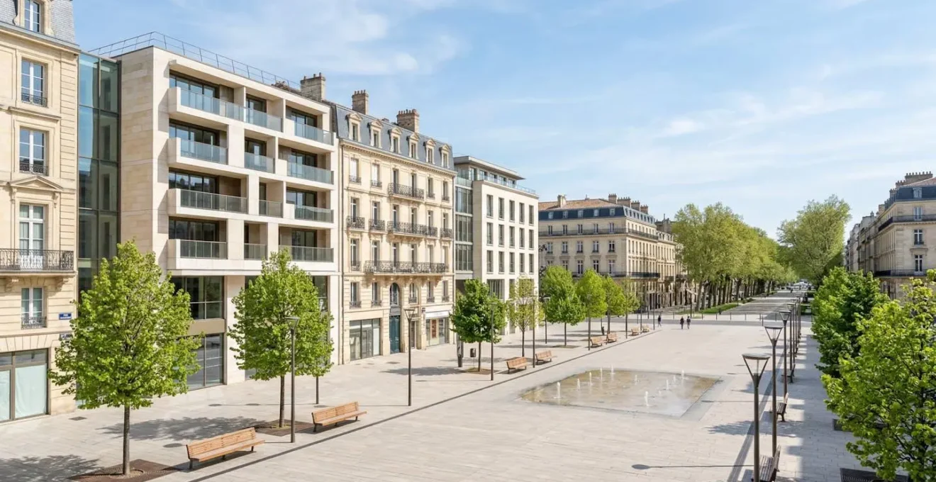 Vue en grand angle d'une place publique urbaine française contemporaine vide, prête à accueillir une installation événementielle, avec une architecture moderne et une lumière naturelle abondante sous un ciel dégagé
